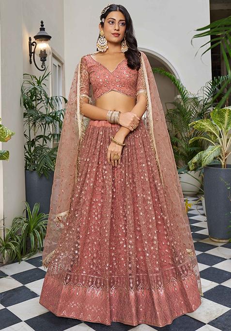 Dusty Pink Thread Sequin Embroidered Net Lehenga Set