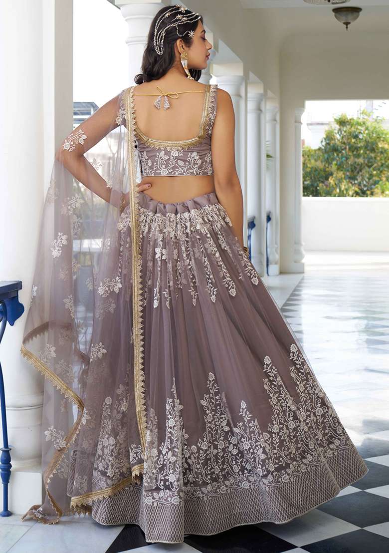 Grey Thread Net Lehenga Set with Embroidered & Sequin for Diwali | Wedding & Festive Wear - Indya