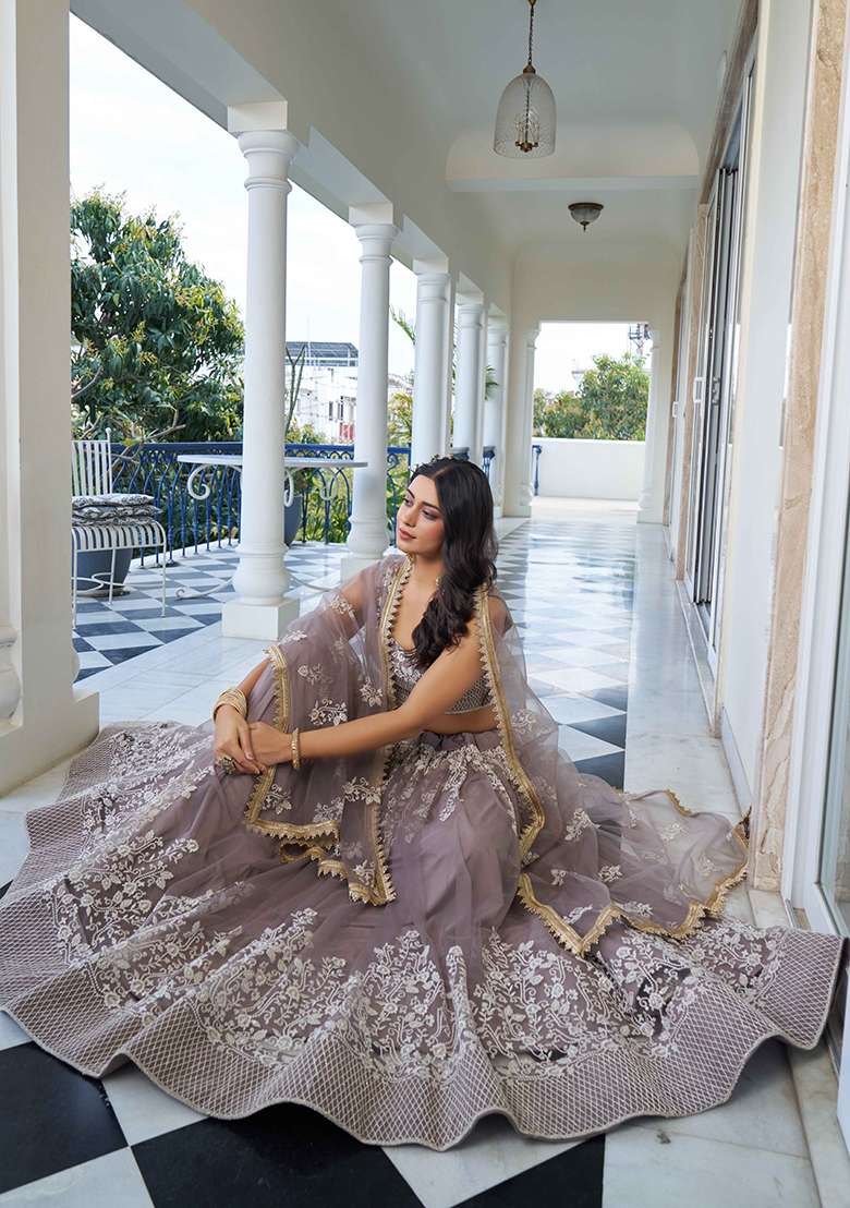 Grey Thread Net Lehenga Set with Embroidered & Sequin for Diwali | Wedding & Festive Wear - Indya