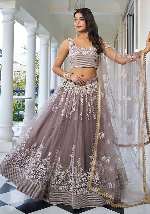 Grey Thread Sequin Embroidered Net Lehenga Set