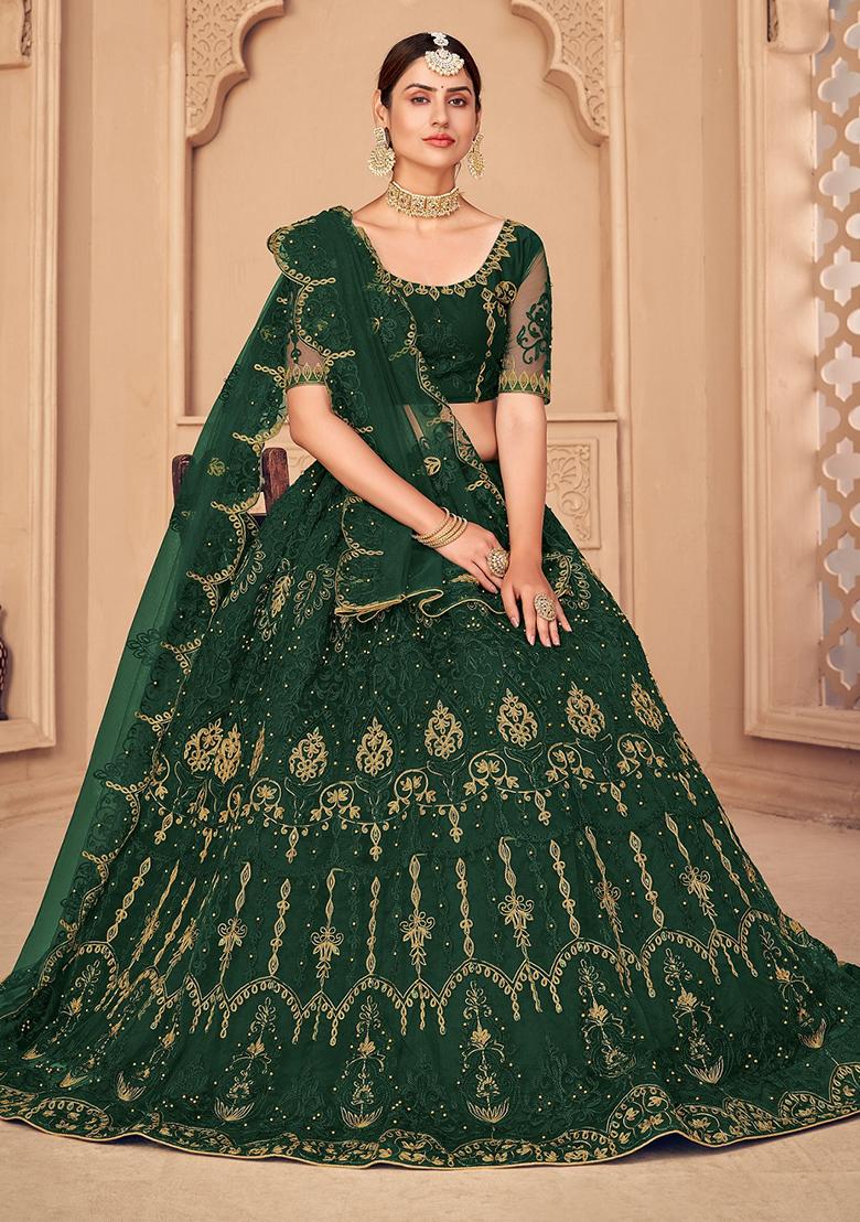Dark Green Embroidered Lehenga Set