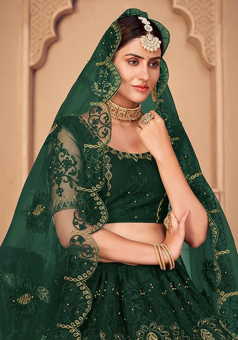 Dark Green Embroidered Lehenga Set