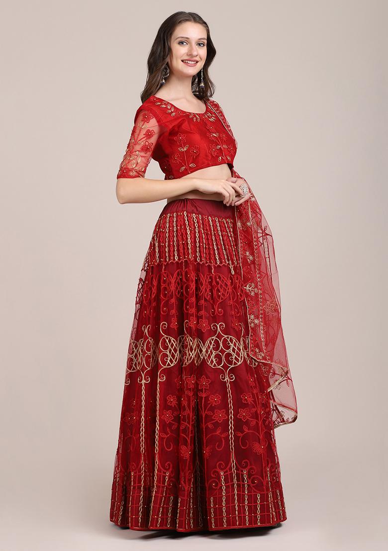 Maroon Embroidered Heavy Net Lehenga Set