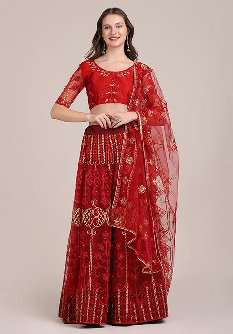 Maroon Embroidered Heavy Net Lehenga Set