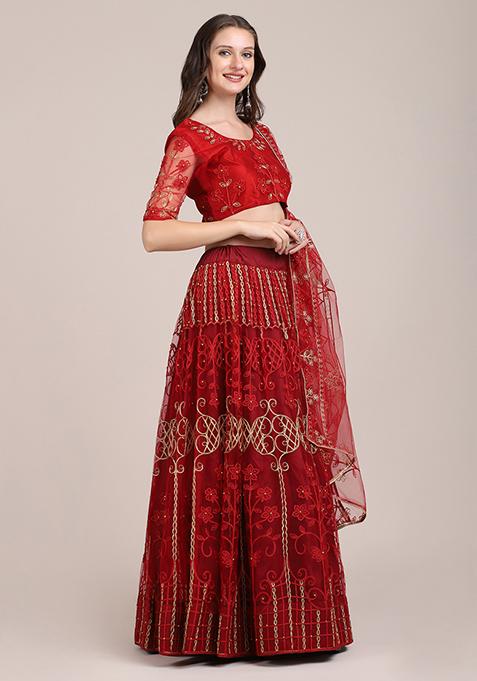 Maroon Embroidered Heavy Net Lehenga Set