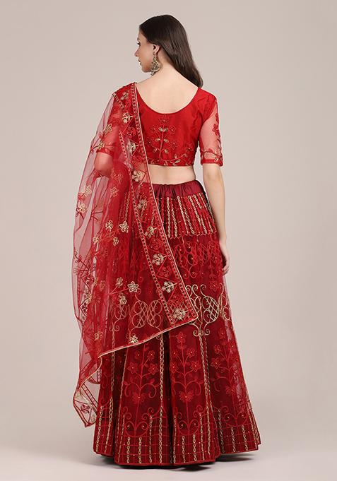 Maroon Embroidered Heavy Net Lehenga Set