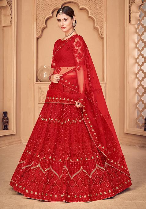 Red Embroidered Lehenga Set