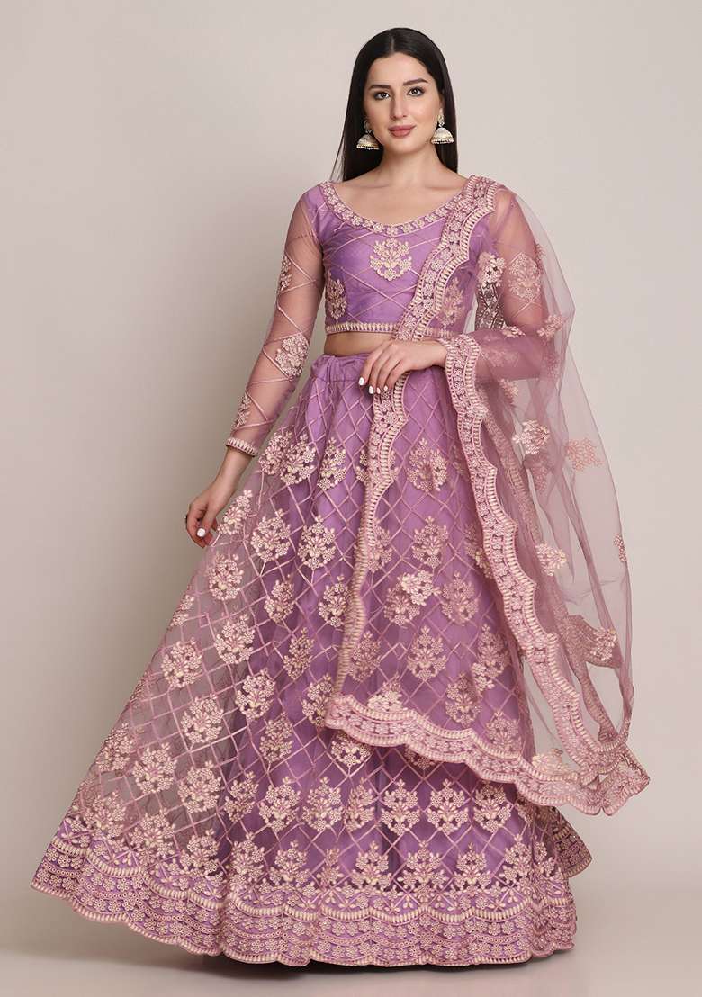 Purple Embroidered Heavy Net Lehenga Set for Diwali and Festive Wear - Indya