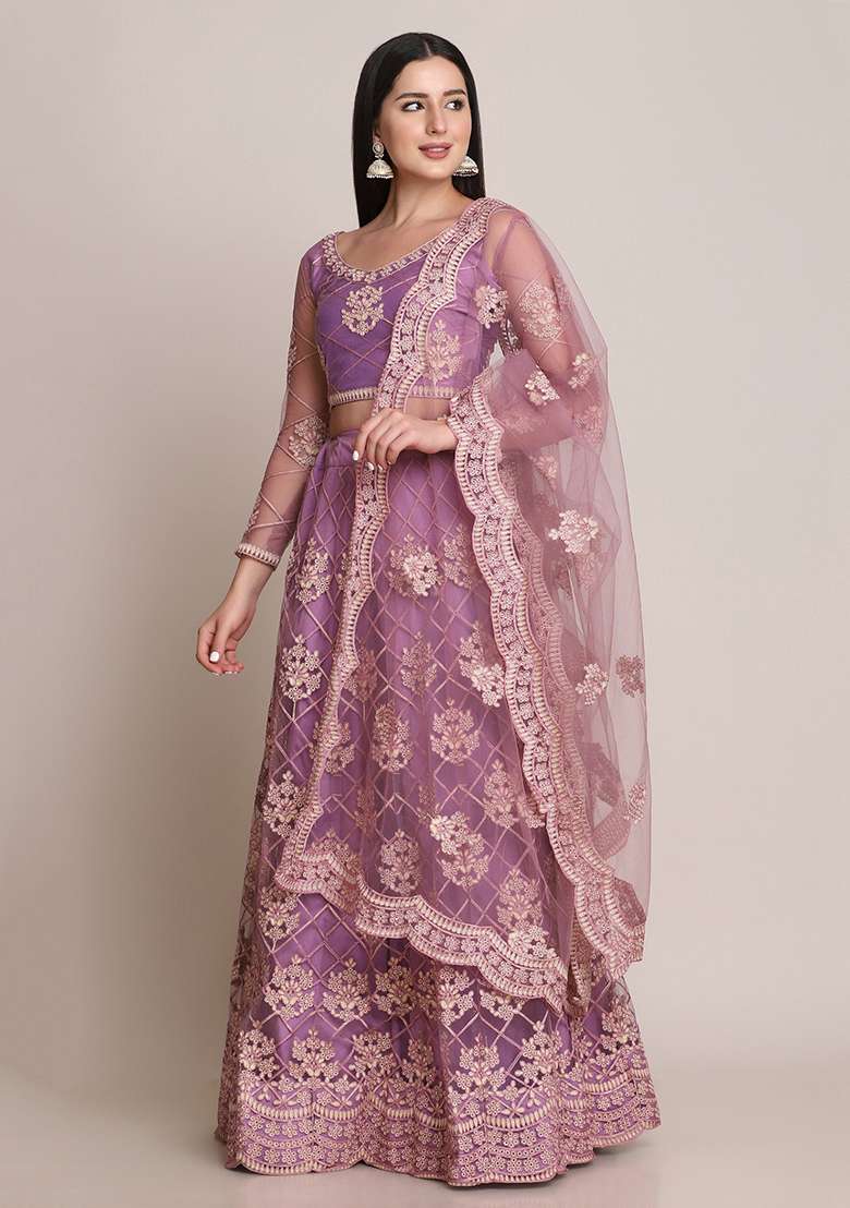 Purple Embroidered Heavy Net Lehenga Set for Diwali and Festive Wear - Indya