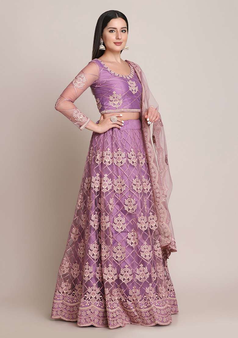 Purple Embroidered Heavy Net Lehenga Set for Diwali and Festive Wear - Indya