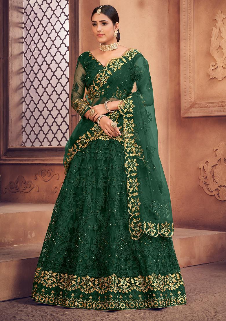 Dark Green Embroidered Heavy Net Lehenga Set - Indya