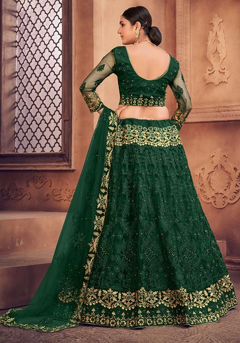 Dark Green Embroidered Heavy Net Lehenga Set