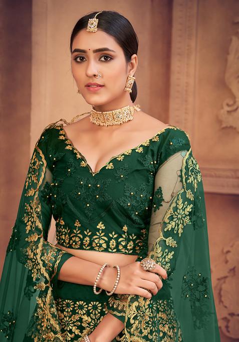 Dark Green Embroidered Heavy Net Lehenga Set