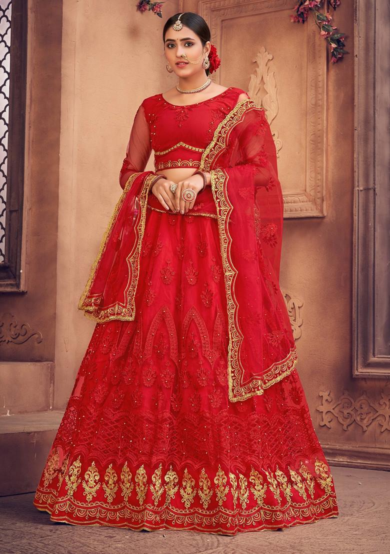 Red Embroidered Heavy Net Lehenga Set