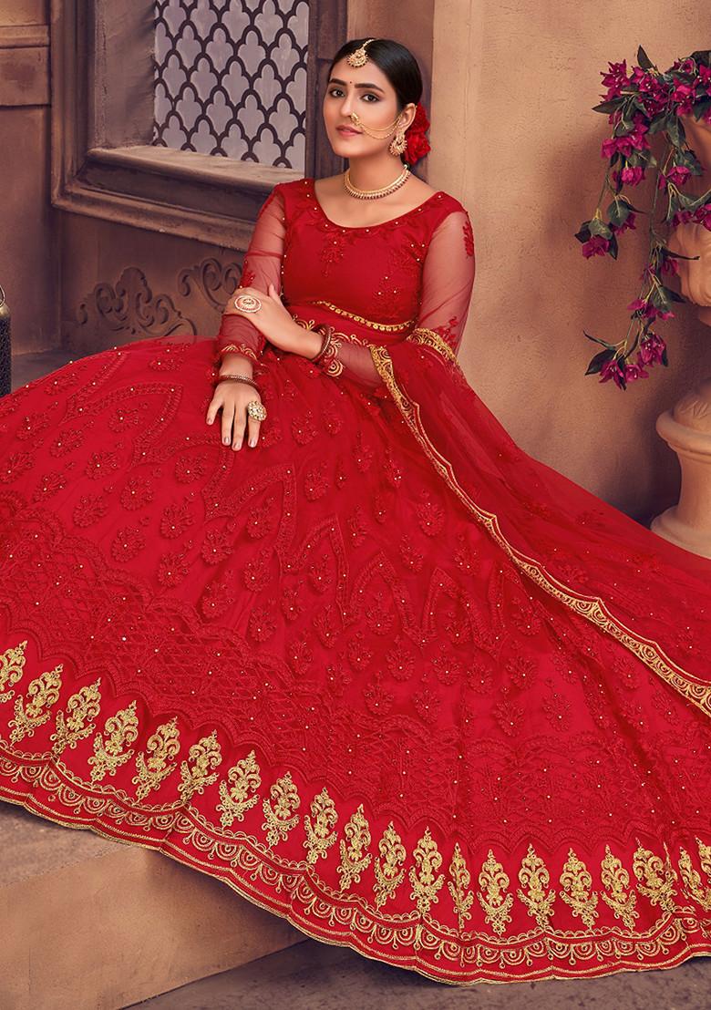 Red Embroidered Heavy Net Lehenga Set