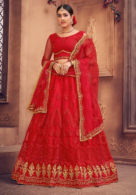 Red Embroidered Heavy Net Lehenga Set