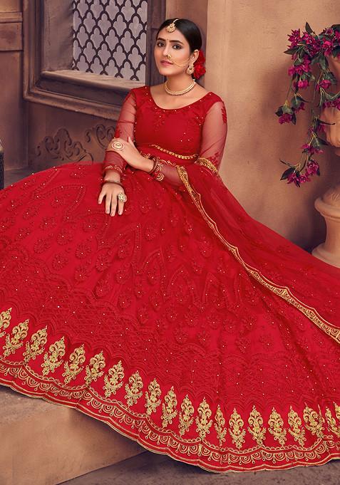 Red Embroidered Heavy Net Lehenga Set