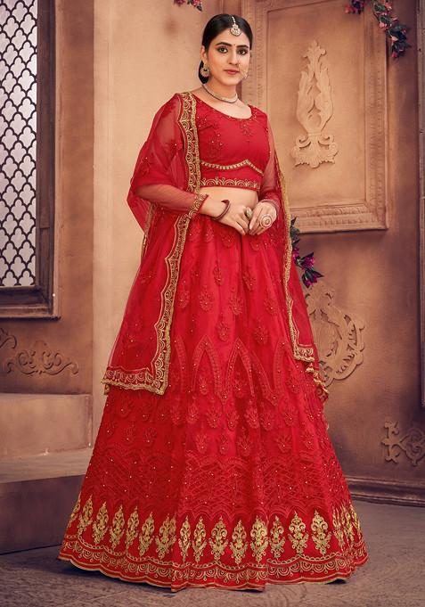 Red Embroidered Heavy Net Lehenga Set