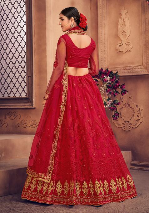 Red Embroidered Heavy Net Lehenga Set