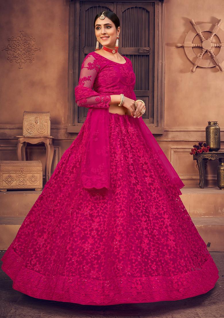 Pink Embroidered Heavy Net Lehenga Set