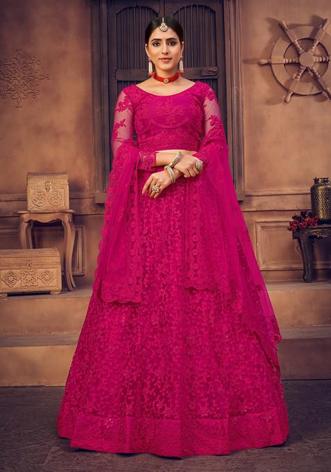 Pink Embroidered Heavy Net Lehenga Set