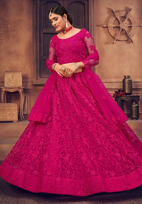 Pink Embroidered Heavy Net Lehenga Set