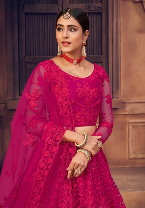 Pink Embroidered Heavy Net Lehenga Set