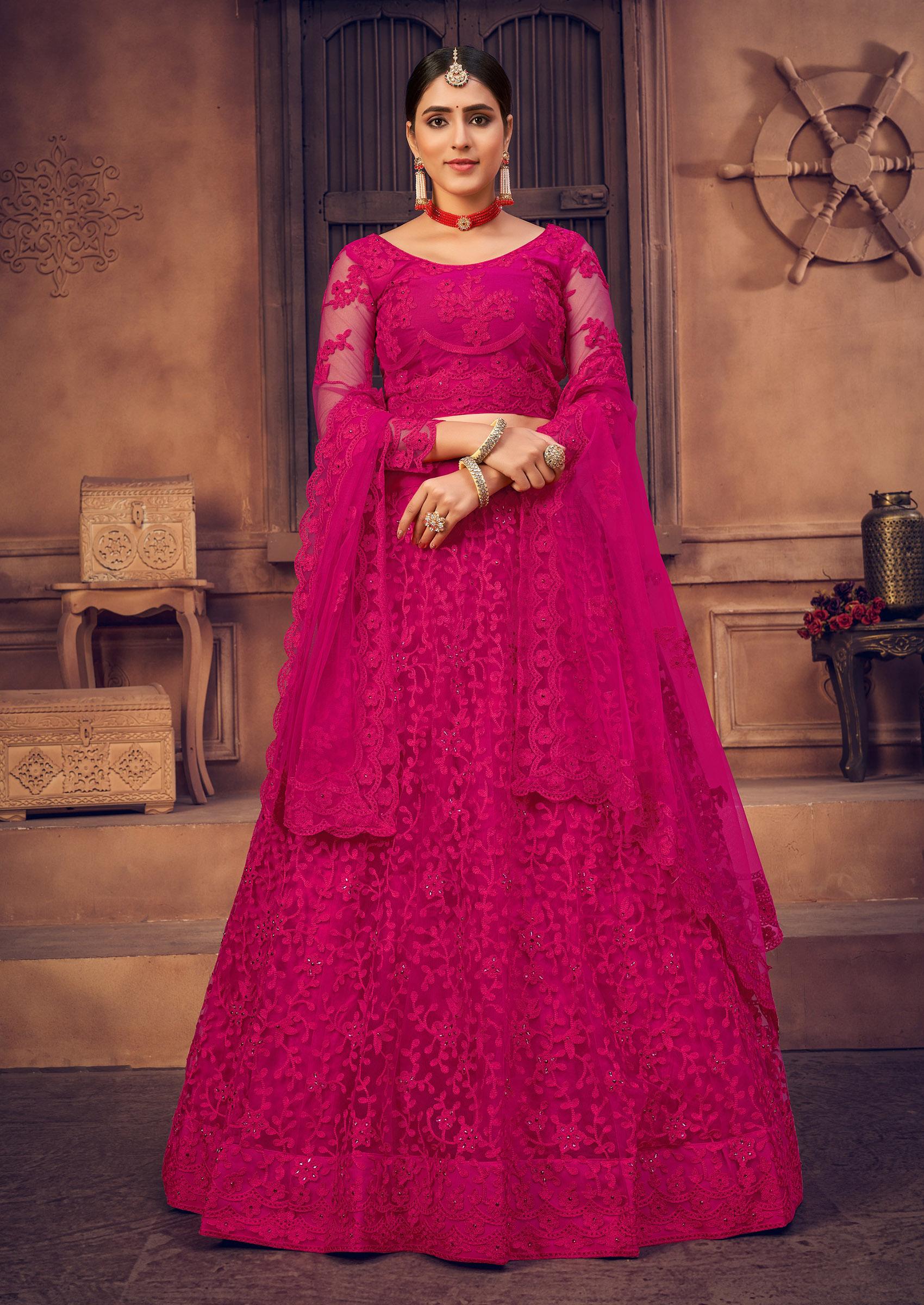 Pink Embroidered Heavy Net Lehenga Set - Indya