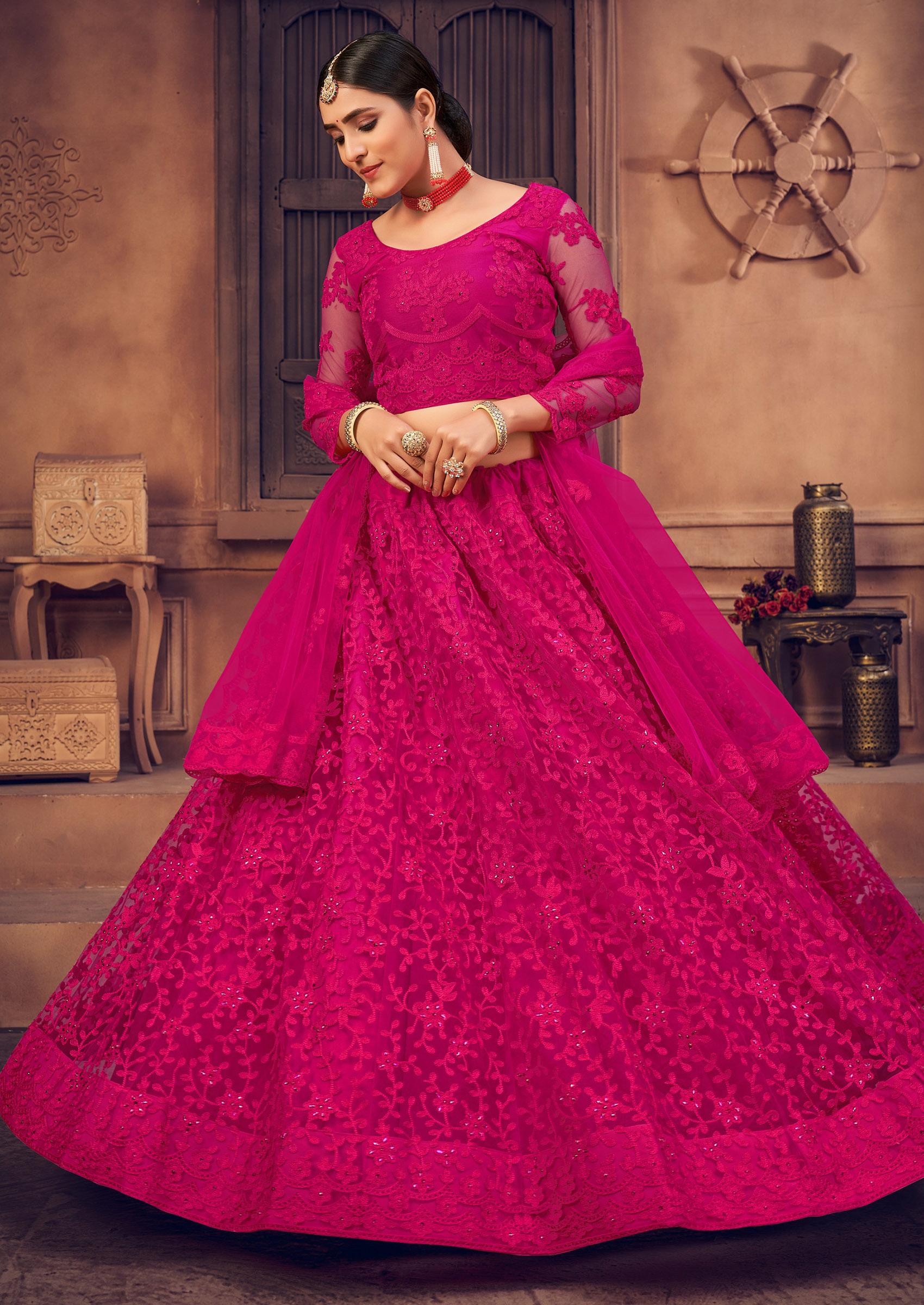 Pink Embroidered Heavy Net Lehenga Set - Indya