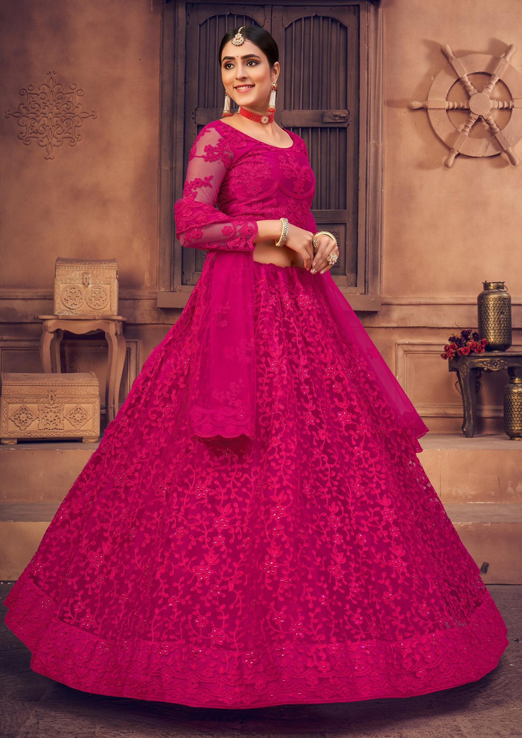 Pink Embroidered Heavy Net Lehenga Set - Indya