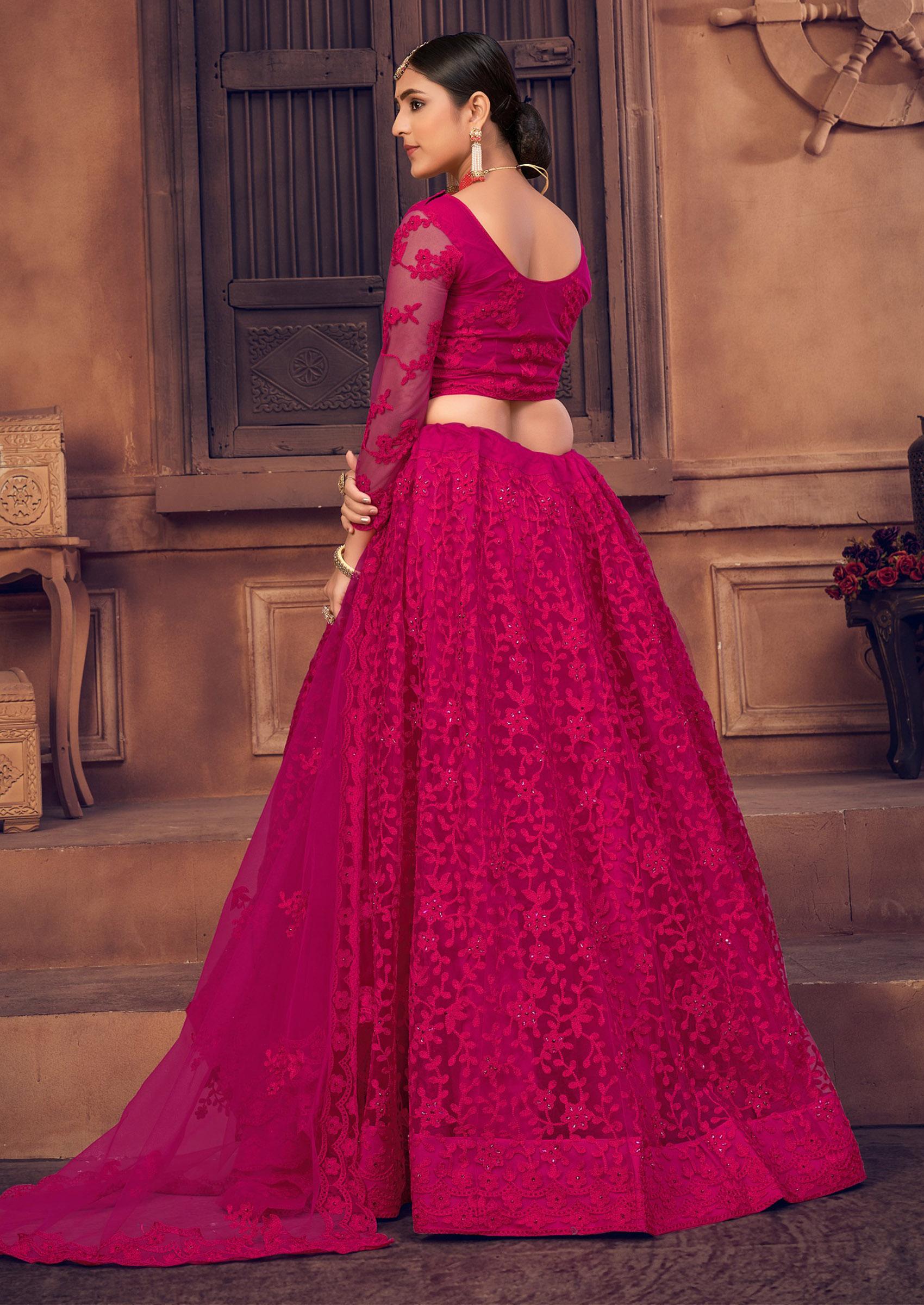 Pink Embroidered Heavy Net Lehenga Set - Indya