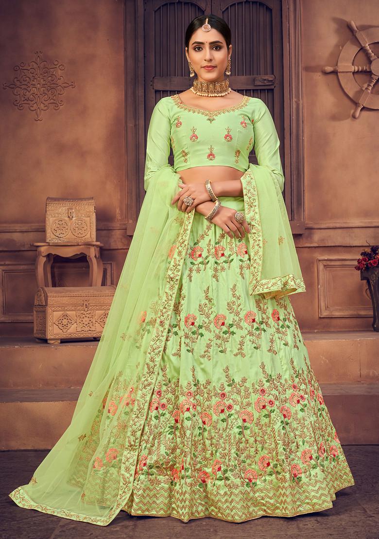 Light Green Embroidered Net Lehenga Set