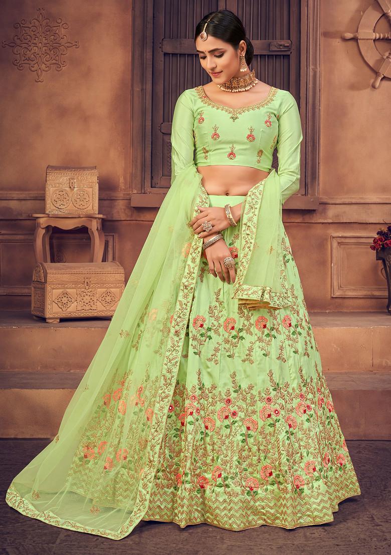 Light Green Embroidered Net Lehenga Set