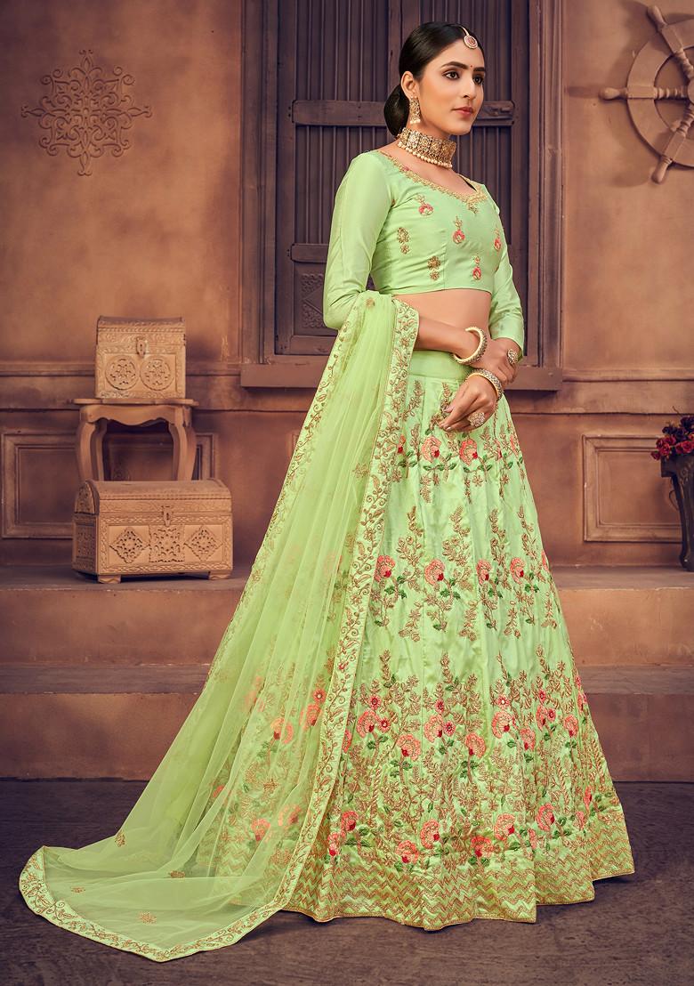 Light Green Embroidered Net Lehenga Set
