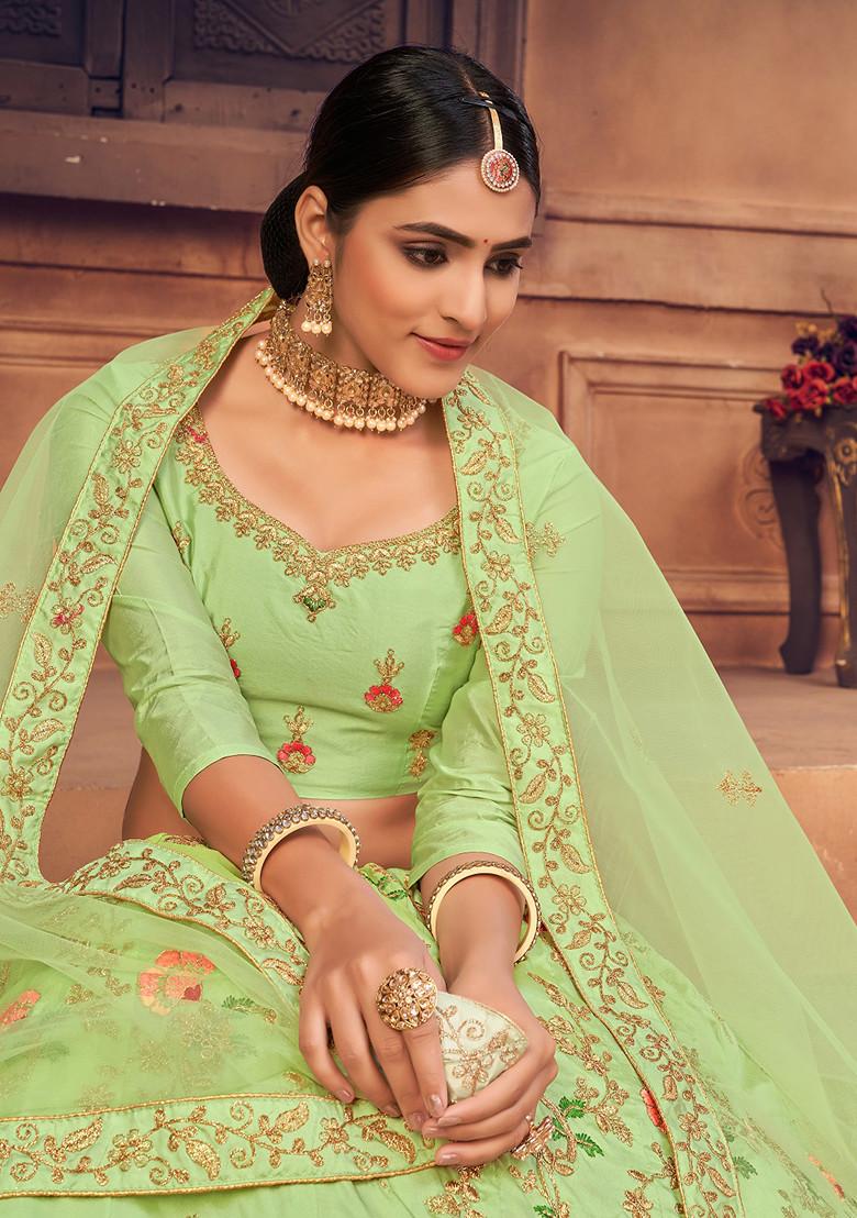Light Green Embroidered Net Lehenga Set