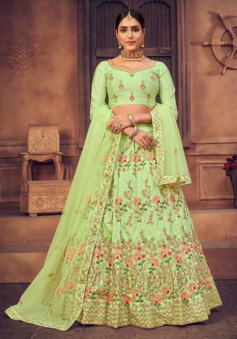 Light Green Embroidered Net Lehenga Set