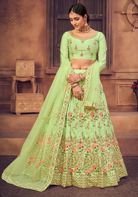 Light Green Embroidered Net Lehenga Set