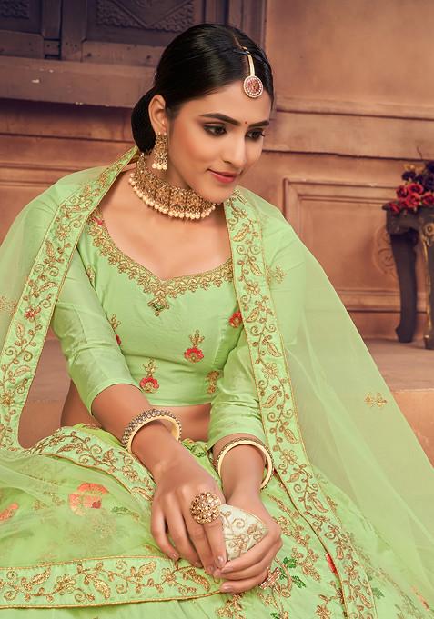 Light Green Embroidered Net Lehenga Set