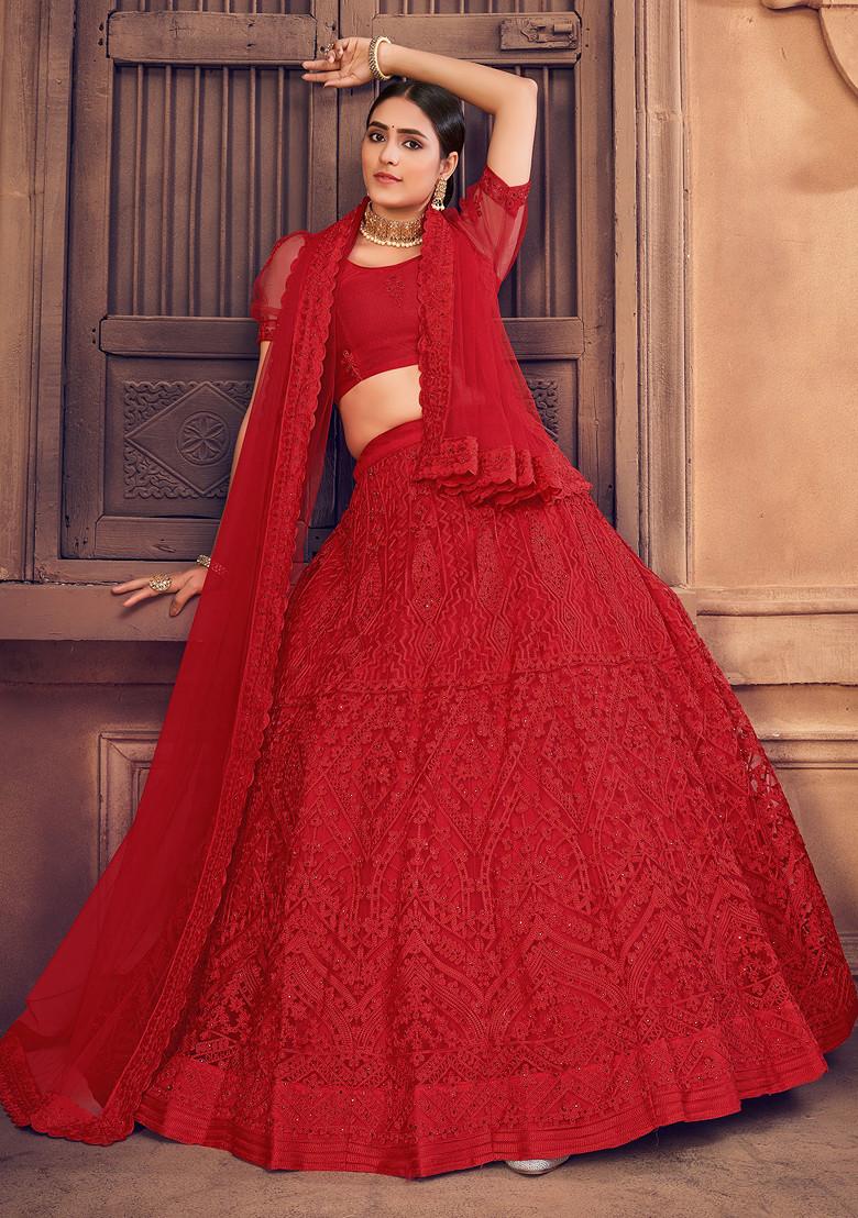 Red Pearl Embellished Net Lehenga Set - Indya