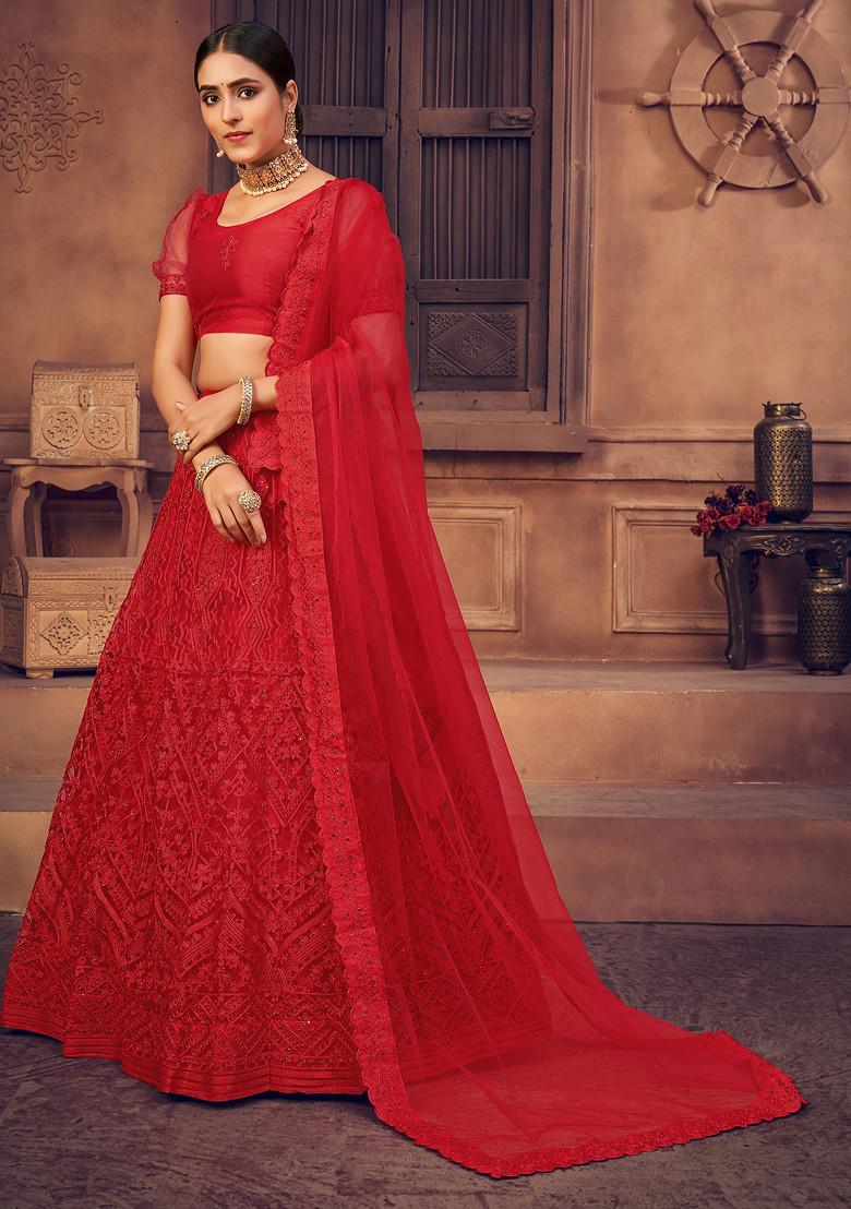 Red Pearl Embellished Net Lehenga Set - Indya