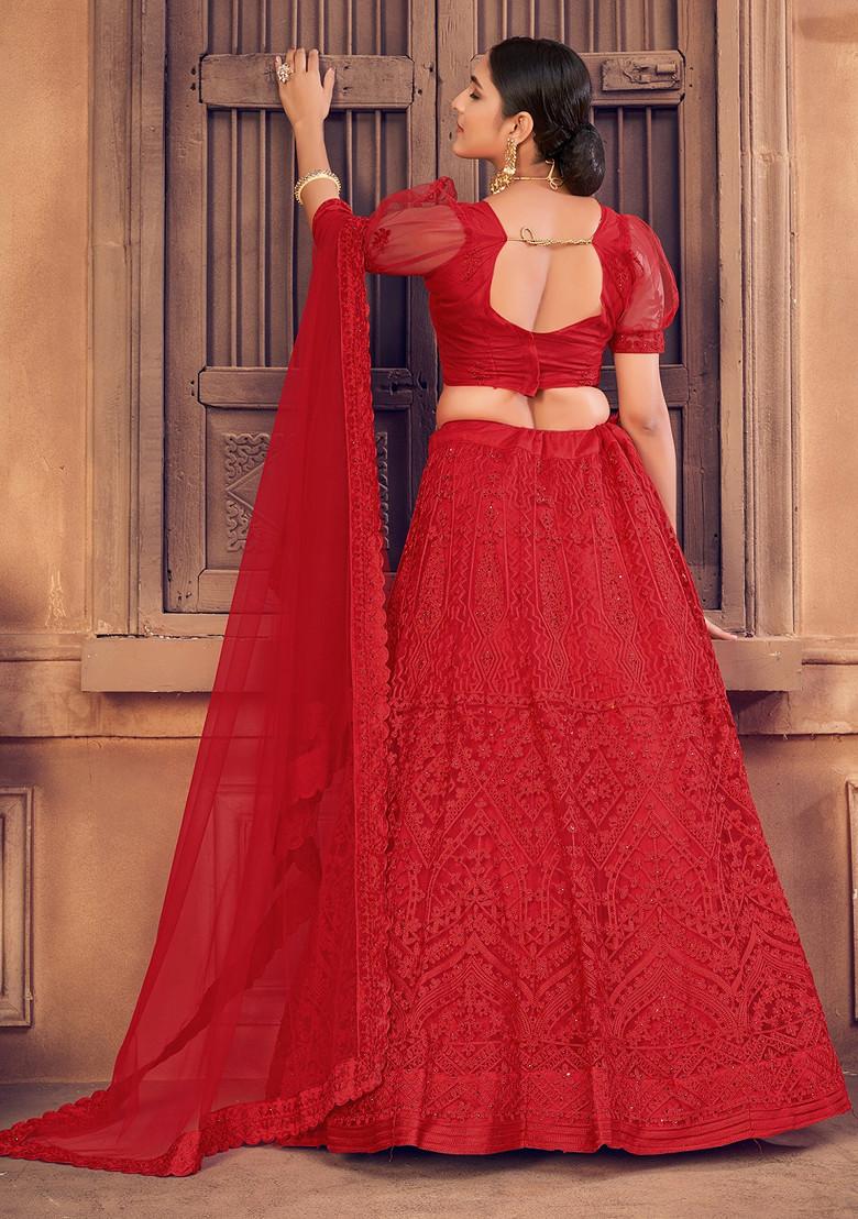 Red Pearl Embellished Net Lehenga Set - Indya