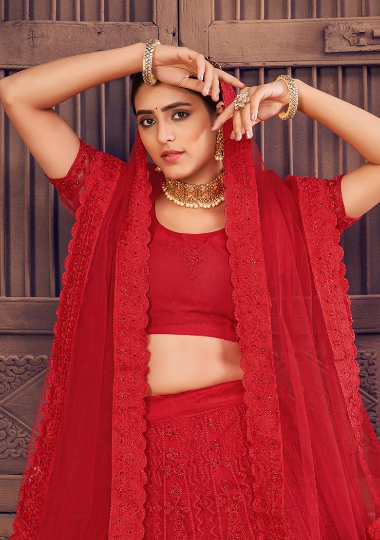 Red Pearl Embellished Net Lehenga Set - Indya