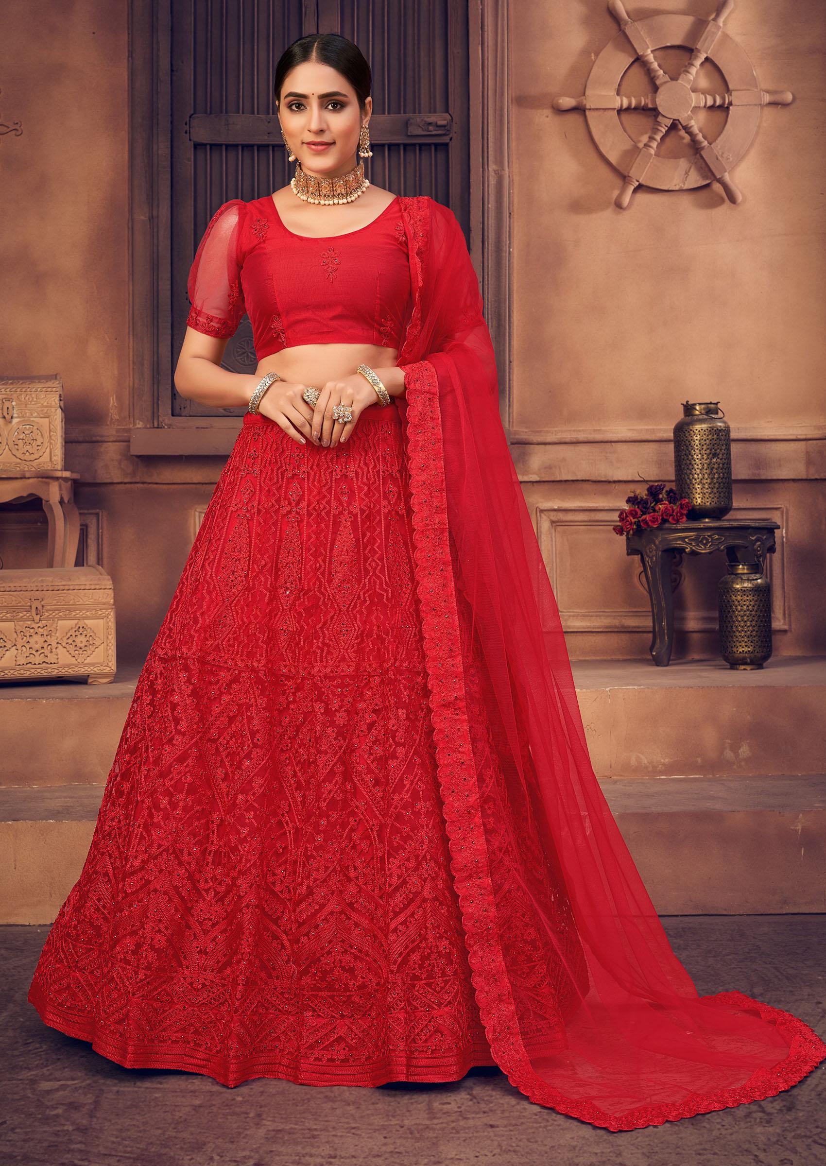 Red Pearl Embellished Net Lehenga Set - Indya