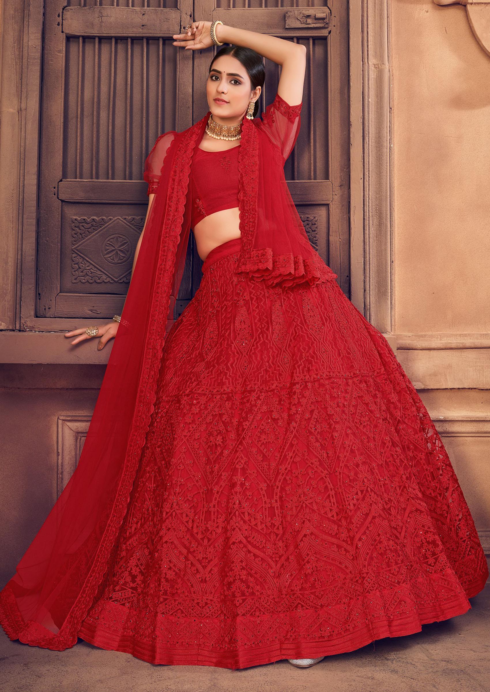 Red Pearl Embellished Net Lehenga Set - Indya