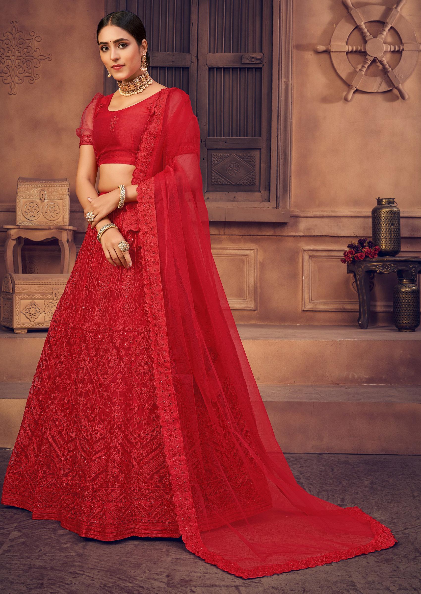 Red Pearl Embellished Net Lehenga Set - Indya
