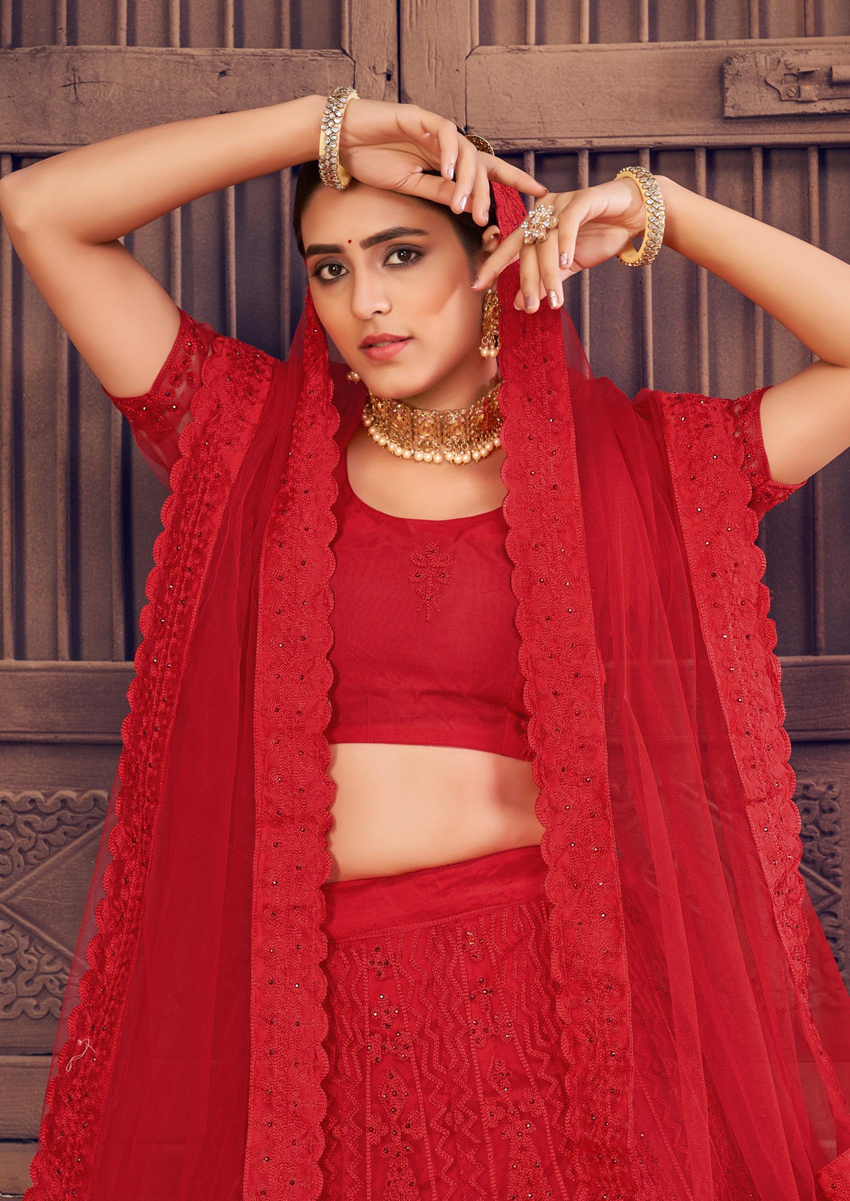 Red Pearl Embellished Net Lehenga Set - Indya