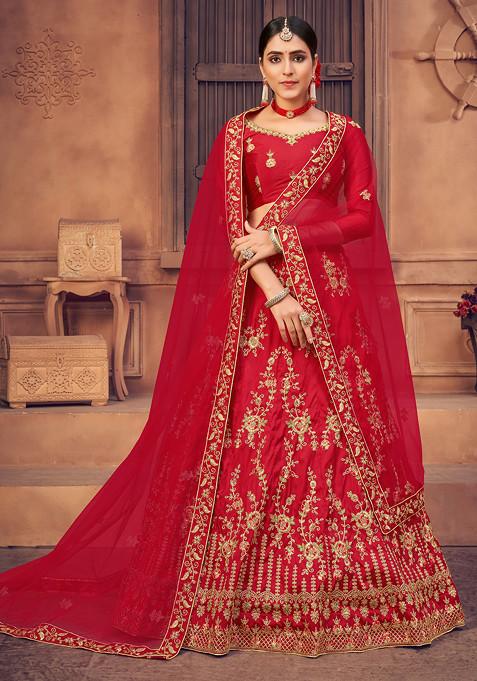 Red Embroidered Taffeta Silk Lehenga Set