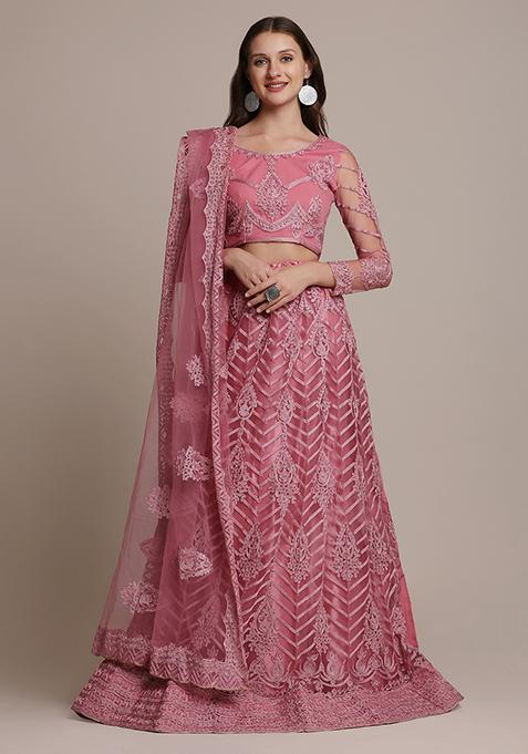 Dusty Pink Embroidered Net Lehenga Set