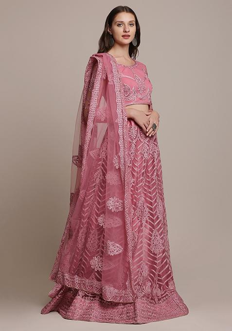 Dusty Pink Embroidered Net Lehenga Set