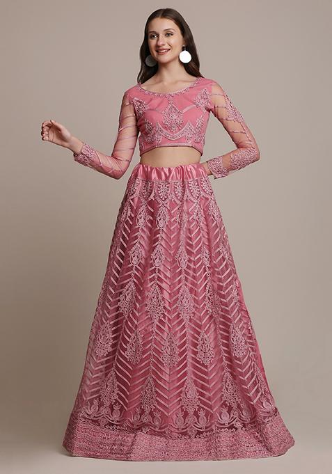 Dusty Pink Embroidered Net Lehenga Set